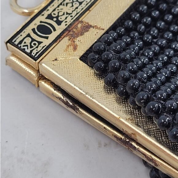 Art Deco Black Beaded Evening Bag with Gold Frame Vintage Cocktail Purse - Picture 9 of 10